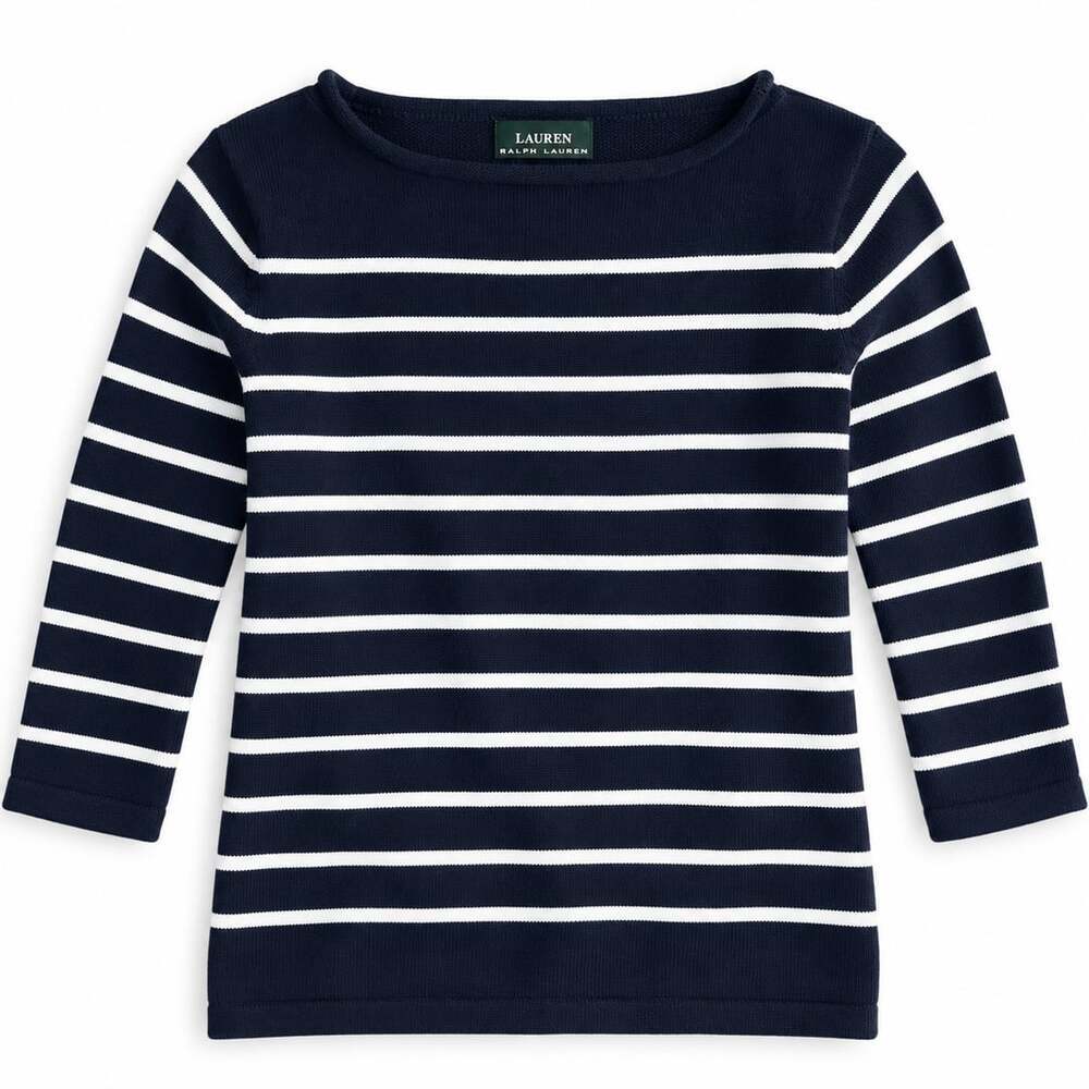 Lauren Ralph Lauren Navy White Stripe Cotton Boatneck Sweater M